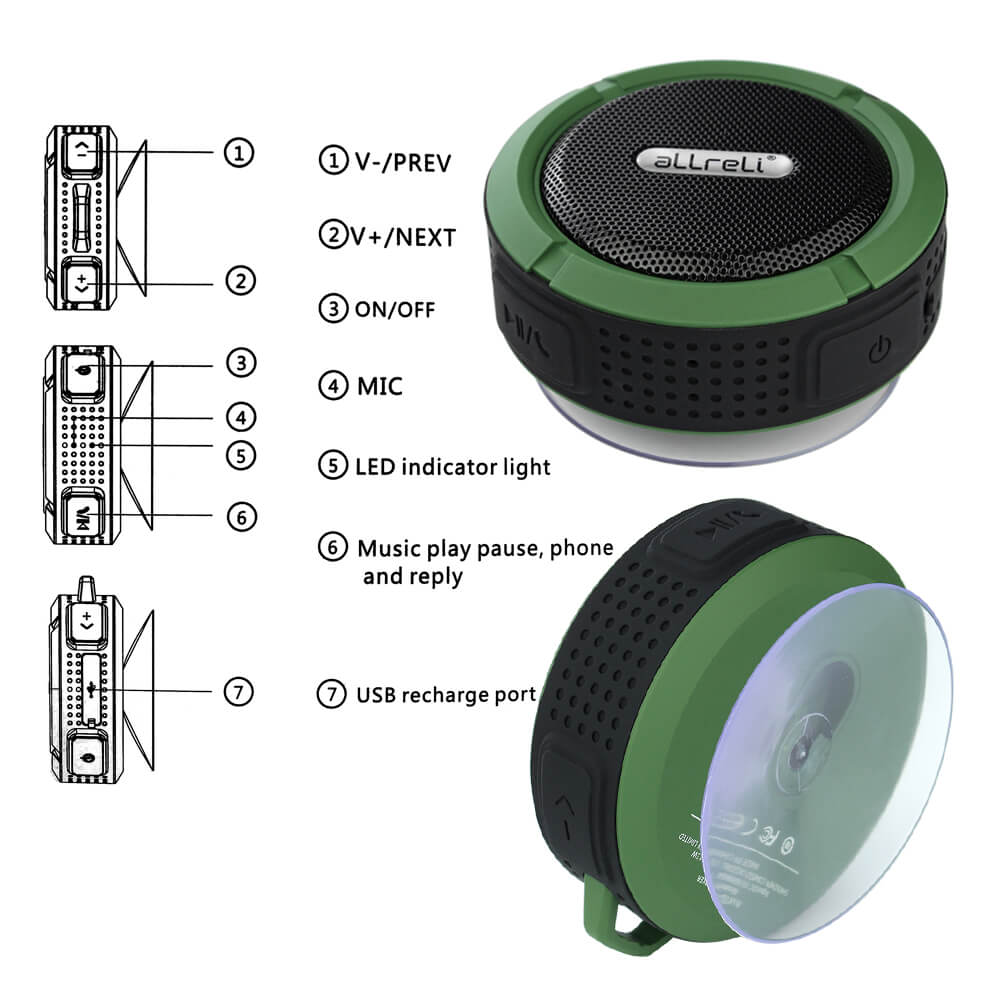 aLLreLi Bluetooth Speaker, C6 Outdoor Waterproof Speaker with Suction Function
